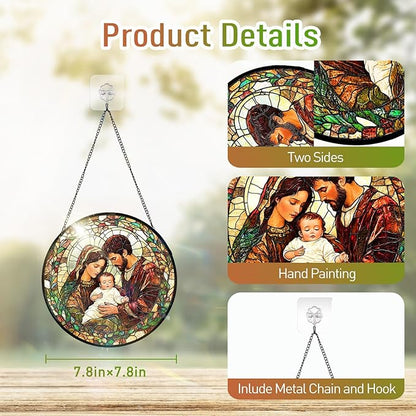 7.8 Inch Stained Glass Window Hanging Baby Jesus and The Holy Mother Mary Family Sun Catcher Indoor Window Door Wall Yard Home Decor Colorful Glass Panel Suncatcher Religious Christian Gifts for Women