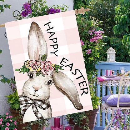 Happy Easter Bunny House Flag 28x40 Inch Double Sided, Easter Rabbit Large Garden Flags for Outside Decor, Spring Summer Holiday Yard Flag Outdoor Seasonal Decorations for Home