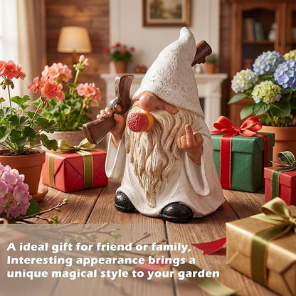 EXYGLO Solar Gnome Garden Decor Statue, 5.7" Middle Finger Gnome with Flickering Cigar Outdoor Funny Decoration for Lawn, Patio, Yard, and Unique Housewarming, Individual Birthday Ornament Gift