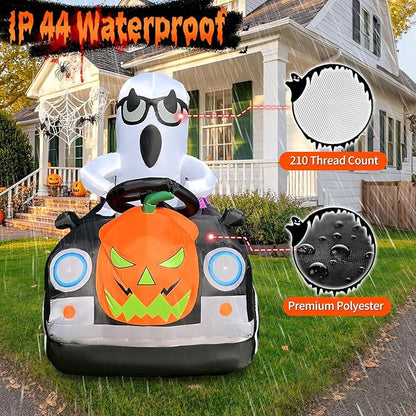 2025 Halloween Inflatables Monster Truck 8FT Long Ghost Driving a Pumpkin Car Inflatable Decor Outdoor with Build-in 12 Lights Car Blow Up Yard Decorations Cute Ghost Car BlowUp for Party Garden Lawn