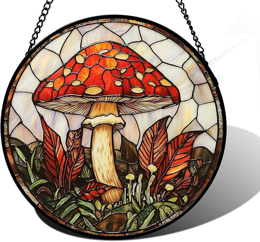 DASTOLL Stained Glass Window Hanging, Big Red Mushroom Suncatcher for Doors Home Sun Catchers Decoration and Christmas, Mother's Day Birthday Gifts for Women, Men, and Mom 6.3 in