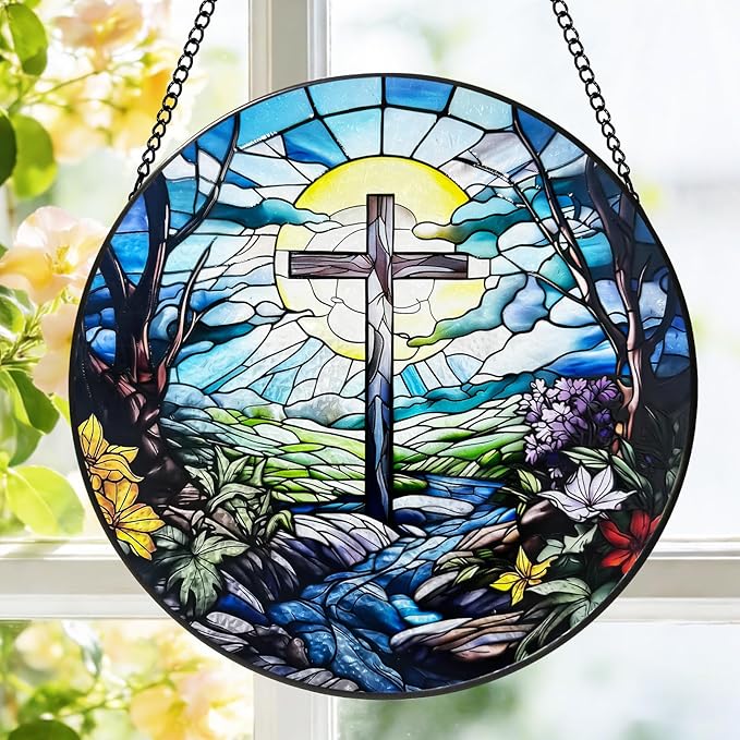 Stained Glass Cross Suncatcher, 8 Inch Christian Stained Glass Window Hanging, Religious Sun Catchers Indoor Window, Nature Landscape Flower Home Garden Decor Easter Faith Christian Gifts Ornaments