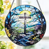 Stained Glass Cross Suncatcher, 8 Inch Christian Stained Glass Window Hanging, Religious Sun Catchers Indoor Window, Nature Landscape Flower Home Garden Decor Easter Faith Christian Gifts Ornaments