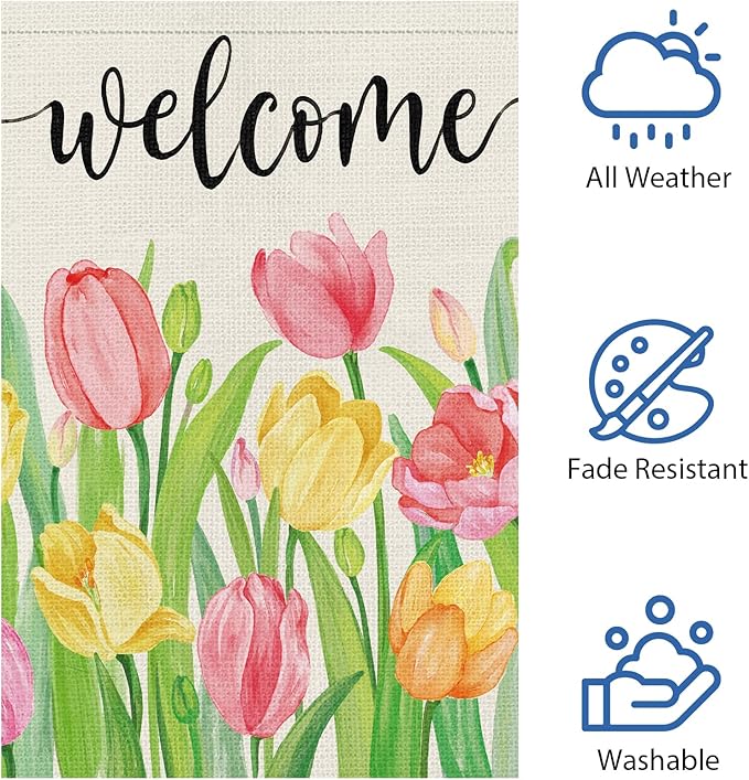 Heyfibro Welcome Spring Summer Garden Flag 12 x 18 Inch Vertical Double Sided Burlap, Tulip Flower Floral Garden Flags for Seasonal Holiday Farmhouse Yard Outdoor Decor(ONLY FLAG)