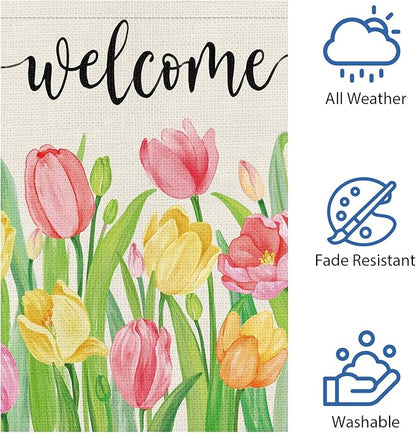 Heyfibro Welcome Spring Summer Garden Flag 12 x 18 Inch Vertical Double Sided Burlap, Tulip Flower Floral Garden Flags for Seasonal Holiday Farmhouse Yard Outdoor Decor(ONLY FLAG)