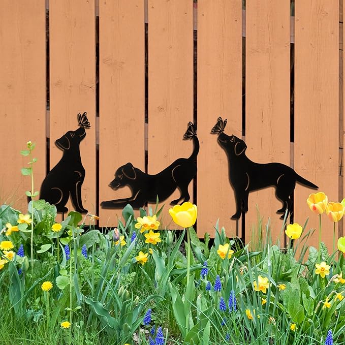 Glitzhome Set of 3 Dog Silhouette Stakes, Black Metal Decorative Garden Stakes or Wall Decor with Butterfly Cutout Design, Iron Yard Art Lawn Spring Decoration, 20 "H