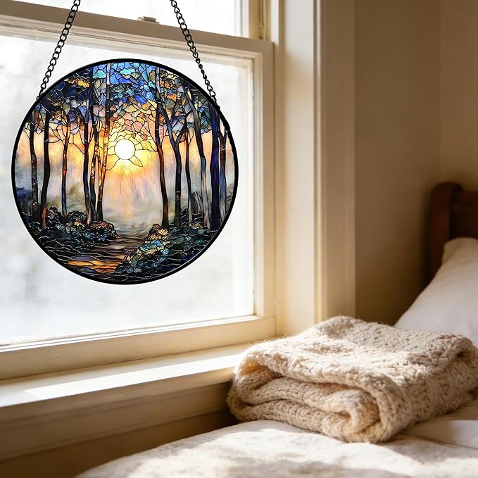 DASTOLL Stained Glass Window Hanging, Forest Sunrise Smoke Blue Brown Tree Suncatcher for Doors Window Home Landscape Sun Catchers Decor Mother's Day Birthday Gifts for Women, Men Mom 9.8 in