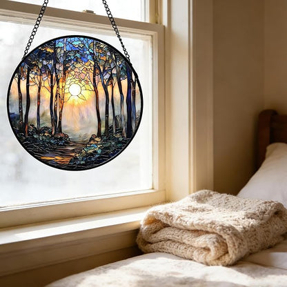 DASTOLL Stained Glass Window Hanging, Forest Sunrise Smoke Blue Brown Tree Suncatcher for Doors Window Home Landscape Sun Catchers Decor Mother's Day Birthday Gifts for Women, Men Mom 7.8 in