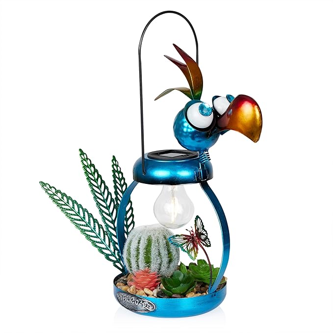 Alpine Corporation 16" H Outdoor Solar-Powered Metal Flamingo Yard Statue, with Enclosed LED Lights, Garden Decor for Patio, Lawn or Porch, Blue