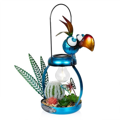 Alpine Corporation 16" H Outdoor Solar-Powered Metal Flamingo Yard Statue, with Enclosed LED Lights, Garden Decor for Patio, Lawn or Porch, Blue