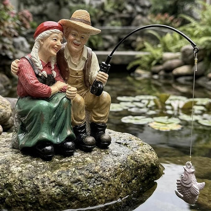 Elenon Golden Couple Garden Statue, 9" Decorative Fishing Long-Married Couple Statue Decor for Koi Pond Waterfalls, Adorable Flower Bed Outdoor Yard Patio Art Decorative Sculptures Table Ornament