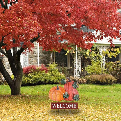 YEAHOME Fall Decorations for Home Outdoor, 22" Decorative Garden Stakes with 2 Pack Pumpkin Welcome Sign Fall Decor, Metal Yard Sign for Outside Garden Yard Lawn Patio Backyard Porch Decorations