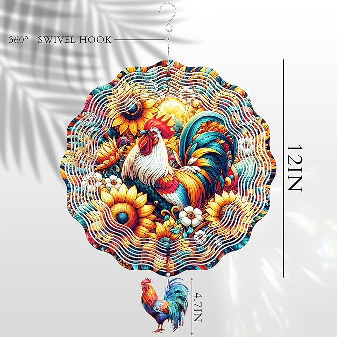 Chicken Wind Spinners Outdoor - Rooster Decor Hanging Kinetic Sculptures Metal Art Ornaments for Patio Yard Home Porch 3D Indoor Outside Decoration Birthday Gifts for Women Mom Grandma