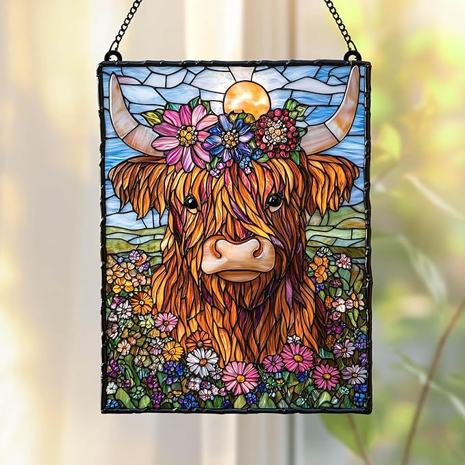 Highland Cow Acrylic Suncatcher - Faux Stained Glass Indoor Window Hanging Ornament, Outdoor Sun Catcher Panel, Home Decor Gift for Farm Animal Lovers