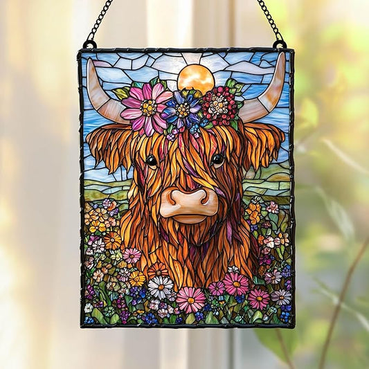 Highland Cow Acrylic Suncatcher - Faux Stained Glass Indoor Window Hanging Ornament, Outdoor Sun Catcher Panel, Home Decor Gift for Farm Animal Lovers