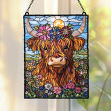 Highland Cow Acrylic Suncatcher - Faux Stained Glass Indoor Window Hanging Ornament, Outdoor Sun Catcher Panel, Home Decor Gift for Farm Animal Lovers