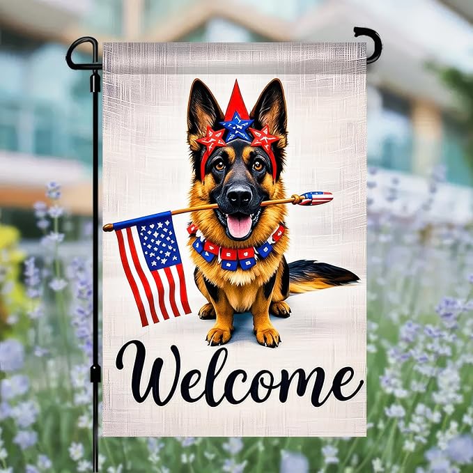 BlissYard Welcome Patriotic German Shepherd Garden Flag 12x18 Inch Double Sided Vertical Polyester Small Yard Flag American Flag Dog Outdoor Decor Lawn Garden Banner 4th of July Independence Day Decoration