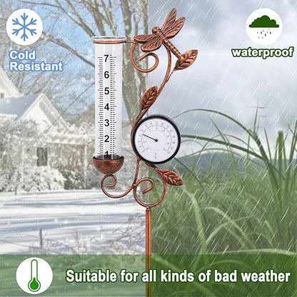 Dragonfly Rain Gauge Garden Decor, 32" Thermometer Patio Decor, 7" Capacity Rain Gauge Replacement Tube Glass, Outdoor Temperature Patio Decor