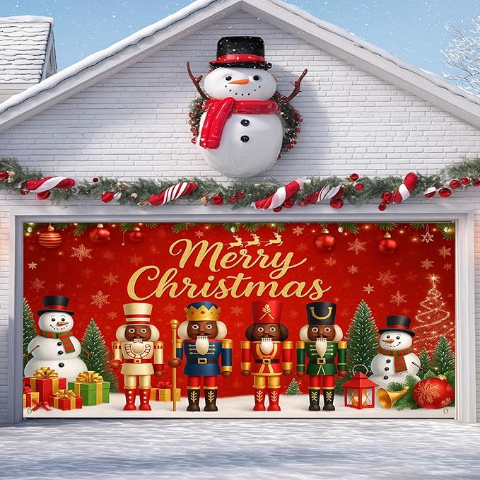 IVN Christmas Garage Door Banner 13x6ft Black Nutcracker Christmas Porch Banner Decorations Snowman Merry Christmas Garage Door Cover Decoration Home Door Front Yard Decor for Xmas Eve Holiday Outdoor