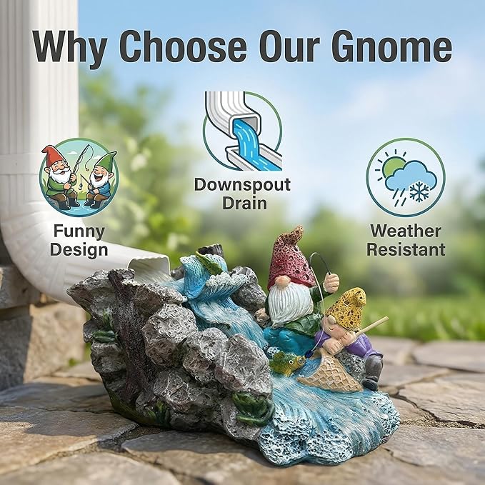 Gnome Statue Splash Block Gutter Downspout Extensions Garden Decor, Decorative of Gutters Downspout Rain Concrete Pond Splash Block, Elf Bro Downspout Statues with Waterwheel Accessory, 11.6"L x 6.9"W