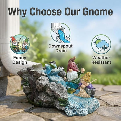 Gnome Statue Splash Block Gutter Downspout Extensions Garden Decor, Decorative of Gutters Downspout Rain Concrete Pond Splash Block, Elf Bro Downspout Statues with Waterwheel Accessory, 11.6"L x 6.9"W