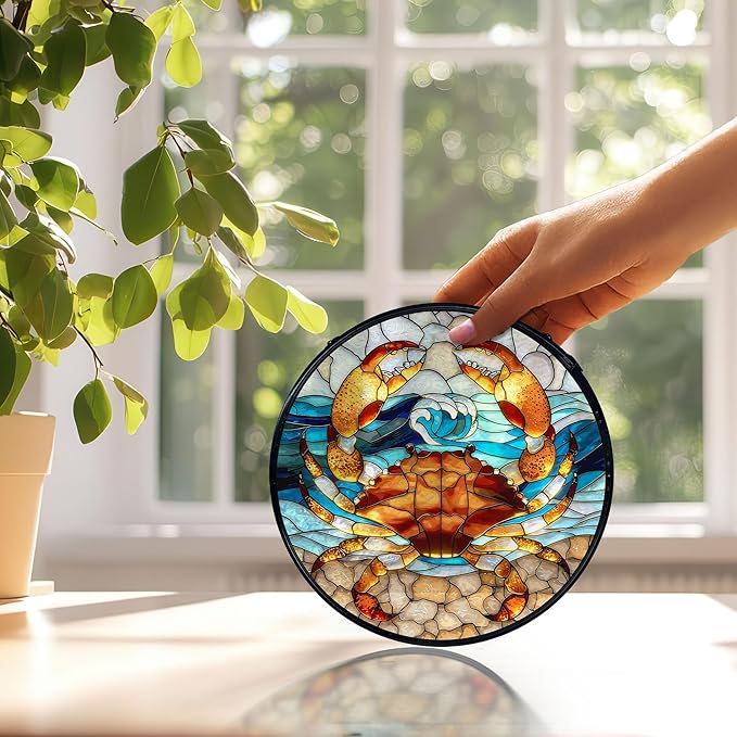 Crab Decor, Beach Coastal Crab Suncatchers Stained Glass Window Hanging, Coastal Ocean Sun Catchers Indoor Window Glass Round Wall Decor, Beachy Wall Hanging Decorations, 7.9x7.9in