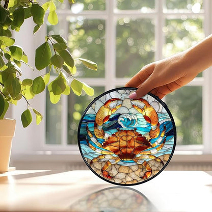 Crab Decor, Beach Coastal Crab Suncatchers Stained Glass Window Hanging, Coastal Ocean Sun Catchers Indoor Window Glass Round Wall Decor, Beachy Wall Hanging Decorations, 7.9x7.9in