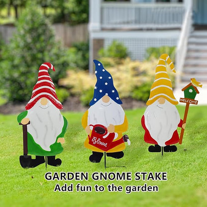Gnome Garden Decor, Metal Gnomes Decorative Garden Stakes, Garden Decorations for Outside Yard Lawn, Outdoor Porch Patio Metal Gnome Fence Wall Decor(21 inch Set of 3)