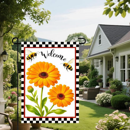 IVN Welcome Garden Flag 12x18 Inch Double Sided Spring Summer Garden Yard Flags Orange Gerbera Daisy Flowers Bees Decorative Small Flags for Outdoor Seasonal Front Door Lawn Porch Patio Decor Yard Flag