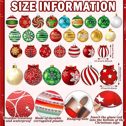 Huwena 30 Pcs Christmas Outdoor Hanging Decorations Snowflakes Candy Yard Signs Include 6 Plastic Yard Stakes 24 Double Sided Ornaments for Christmas Winter Holiday Garden Tree Decor (Ball)