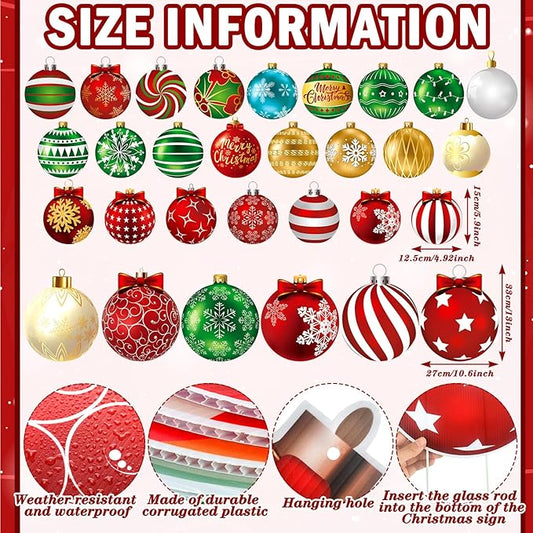 Huwena 30 Pcs Christmas Outdoor Hanging Decorations Snowflakes Candy Yard Signs Include 6 Plastic Yard Stakes 24 Double Sided Ornaments for Christmas Winter Holiday Garden Tree Decor (Ball)