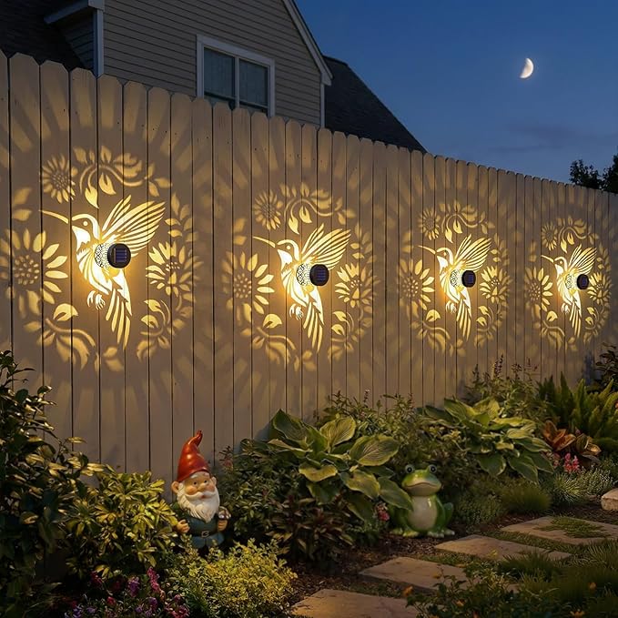 2 Pack Solar Fence Lights Metal Solar Powered Outdoor Wall Deck Step Lights Hummingbird Floral Theme Waterproof Fence Light for Garden Post Patio Backyard Yard Decor, Gardening Gifts for Women Mom