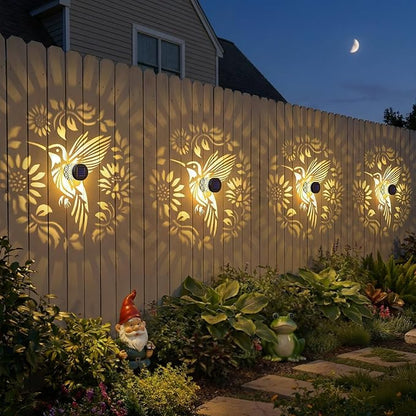 2 Pack Solar Fence Lights Metal Solar Powered Outdoor Wall Deck Step Lights Hummingbird Floral Theme Waterproof Fence Light for Garden Post Patio Backyard Yard Decor, Gardening Gifts for Women Mom