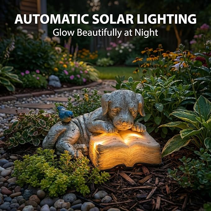 Topadorn Resin Dog Statue Solar Power Outdoor Statuary Cute Puppy for Garden Decoration, Dog Read a Book