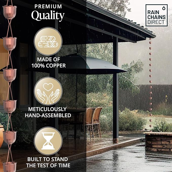 Rain Chains Direct - Flutes Rain Chain - 8.5 FT - Pure Solid Copper - Premium Rain Chains for Gutters
