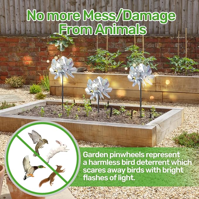 BATTIFE Reflective Pinwheels for Yard and Garden, Pre-Installed Sparkly Blind Birds Pin Wheel, Scare Birds & Animal Away Wind Spinner, 6 Pack (Silver Double-Sides)