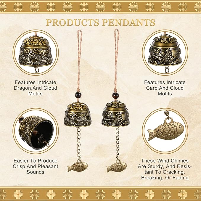 Chuangdi 2 Pcs Fengshui Bell Vintage Dragon Bell Fengshui Wind Chimes Good Luck Hanging Supplies for Home Garden Good Luck Blessing Patio Yard Indoor Outdoor Front Door Decorations (Dragon and Carp)