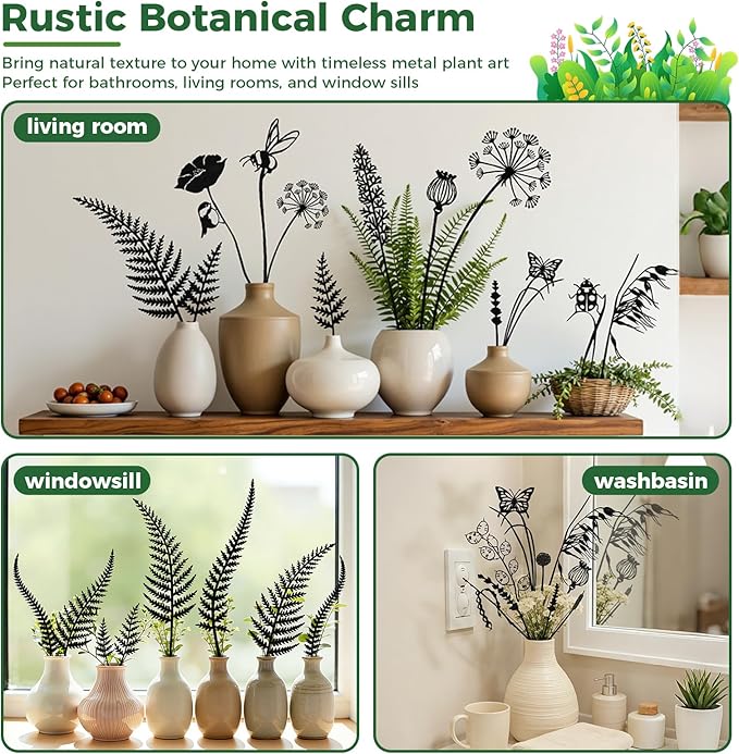 Decorative Metal Flowers for Outside, Rustic Metal Garden Stakes for Potted Plants, Metal Plants Outdoor Decor Vintage Rust Finish, Gift-Boxed Nature Meadow Garden Decor (Black_Butterfly Meadow Set)