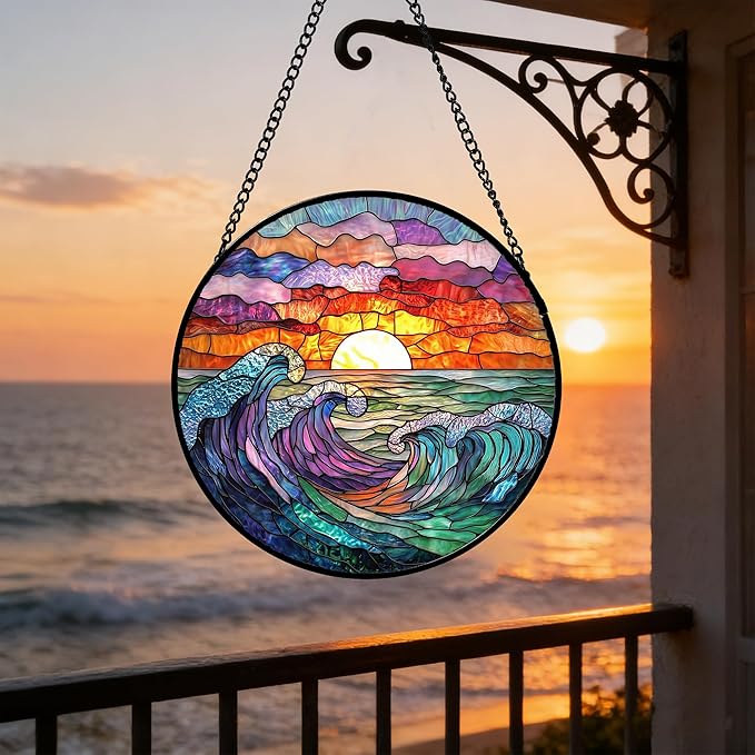 DASTOLL Stained Glass Window Hanging, Clouds and Sea Waves Suncatcher Diamond Glass Panel Hangings Scenery Sun Catchers Decor for Birthday for Women, Men, Wife, Aunt, and Mom 11.8 in
