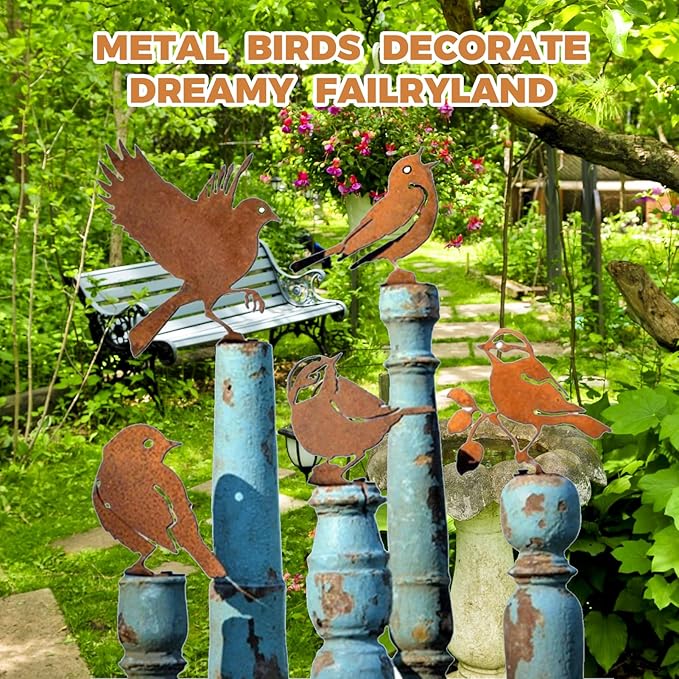 5PCS Rusty Metal Birds Decorations, Garden Yard Art Outdoor Ornaments, Bird Silhouette Statues for Fence Trees, Rustic Cardinal Gifts Spring Decorations (Style A)