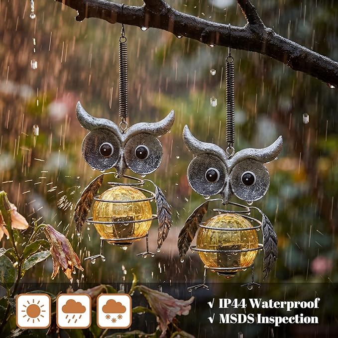 Calenzana Silver Owl Outdoor Solar Garden Light, Waterpoof Hanging Solar Light for Yard Patio Backyard Porch, Gifts for Women Mom Grandma