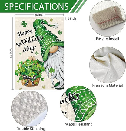 Heyfibro Happy St. Patrick's Day Gnome Garden Flag 28x40 Double Sided Burlap, Shamrock Basket Yard Flag for Spring Seasonal Irish Holiday Farmhouse Yard Outdoor Decor(ONLY FLAG)