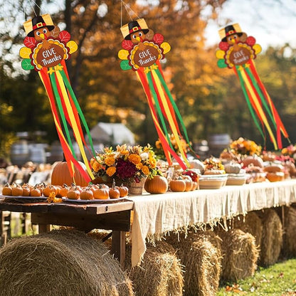 Thanksgiving Turkey Windsock with Streamers Thanksgiving Decorations Outdoor Hanging Decor for Fall Garden Flag Holiday Party Home Tree Lawn Patio Window Yard Wall Balcony Riband Wind Sock Colorful