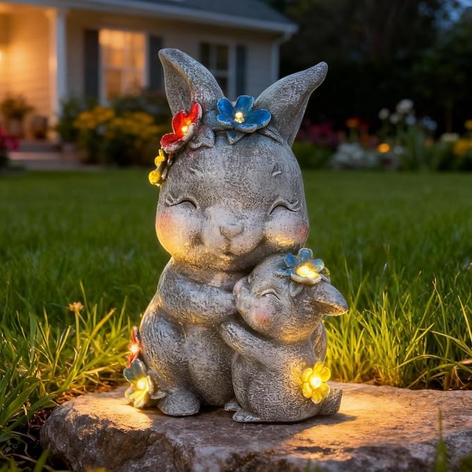 Solar Garden Statue Light, 8 inch Resin Rabbit Figurine with Flowers Outdoor Decor for Patio, Lawn, Yard, Housewarming Birthday Gifts Gift for Bunny Lovers, Mom, Grandma, Women (Grey Rabbit)