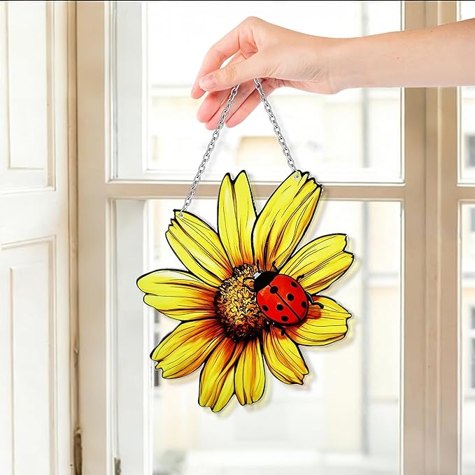 Sunflower and Ladybug Stained Glass, Sunflower Suncatcher for Window, Hanging Suncatcher for Grandma/Mom/Women