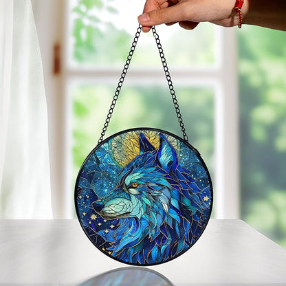 Funny Wolf Gifts Suncatcher Window Hanging, Wolf Decor Sun Catchers Indoor Window Round Glass Wall Art Decor, Animal Lover Gifts Suncatcher Wall Hanging Decorations, 711cz-blh-wolf Patio