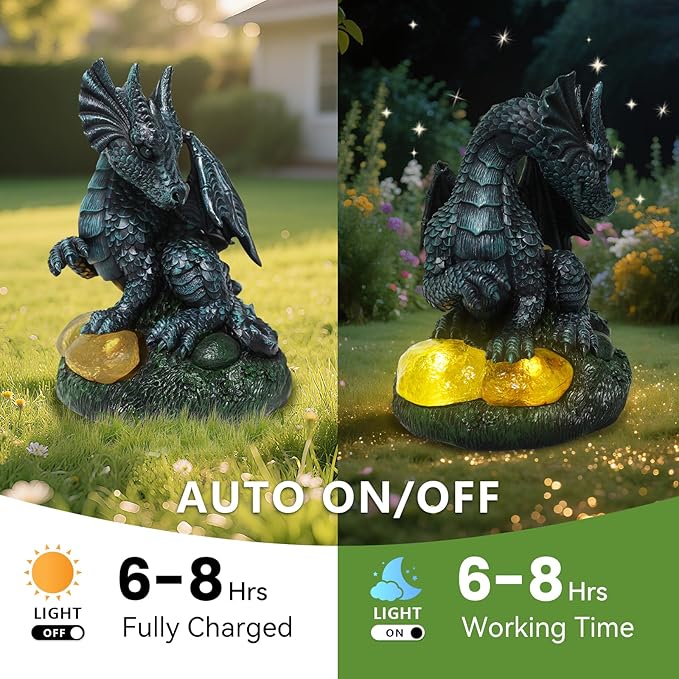 Dragon Statue Outdoor Decor, Porch Dragon Statue with Precious Stone Light - 7.8 inch Lawn Ornaments, Perfect Patio Decor & Yard Decorations Outdoor