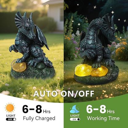 Dragon Statue Outdoor Decor, Porch Dragon Statue with Precious Stone Light - 7.8 inch Lawn Ornaments, Perfect Patio Decor & Yard Decorations Outdoor