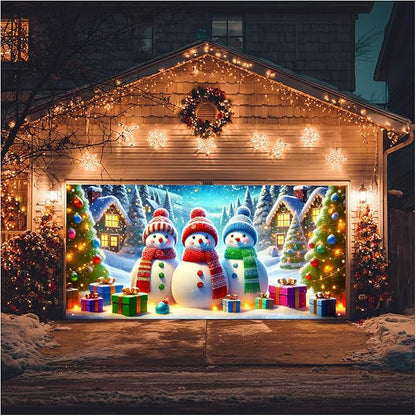 HOMETITUTE Christmas Garage Door Banner 13x6ft Snowman Winter Village Scene Holiday Backdrop Gift Box Snow Night Indoor Outdoor Wall Hanging Seasonal Party Decoration Festive Entry Porch