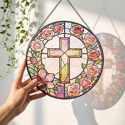 Sun Catcher Cross Stained Glass 7.9 Inch Suncatcher Religious Cross and Roses Suncatchers for Windows Hanging Gifts for Women Cottage Core Apartment Home Decor Christian Gift Religious Gift